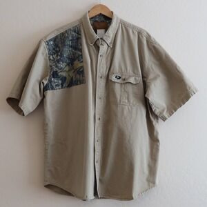 Mossy‎ Oak S/S Shooter Shirt 2XL Tan Camo Patch Cotton Outdoor Hunting Workwear